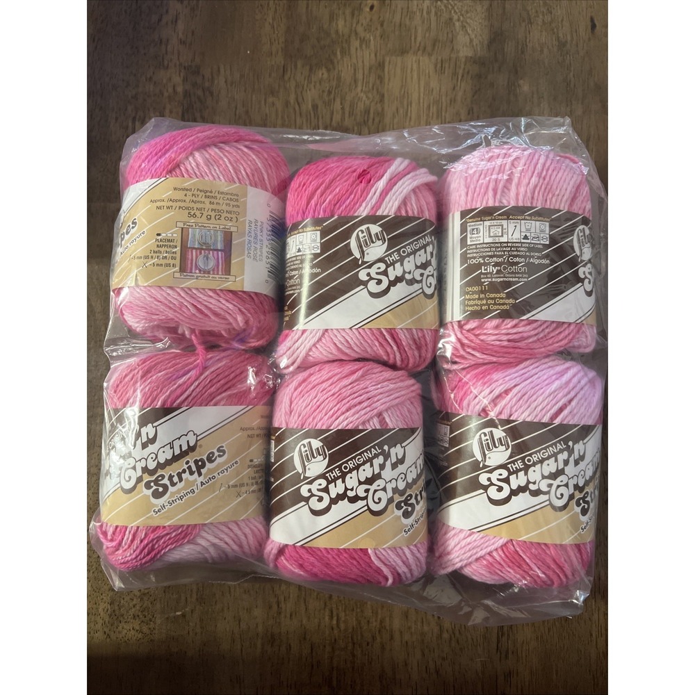 Lily Sugar' N Cream Yarn Lot Of 6 Color 21732 Pinky Stripes Brand New